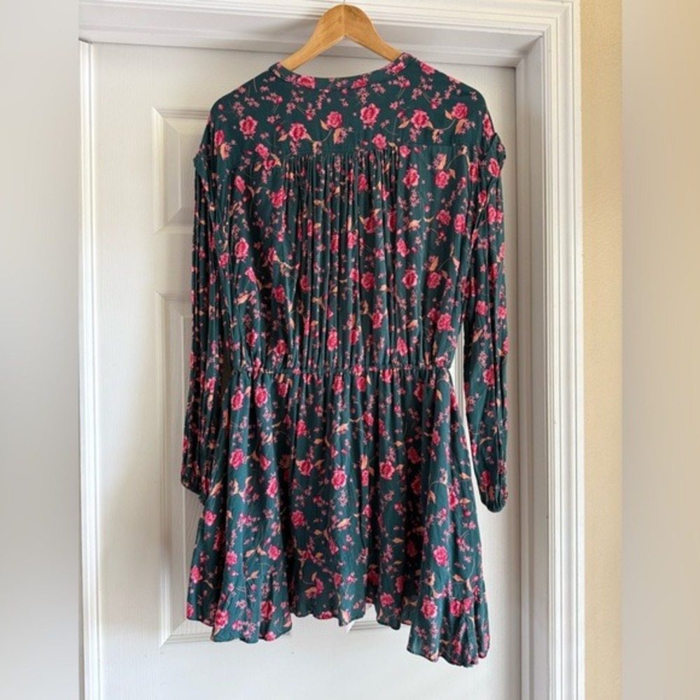 Free People Mini Dress Women Small Teal Pink Floral Button Front Boho Drawstring - Picture 3 of 4